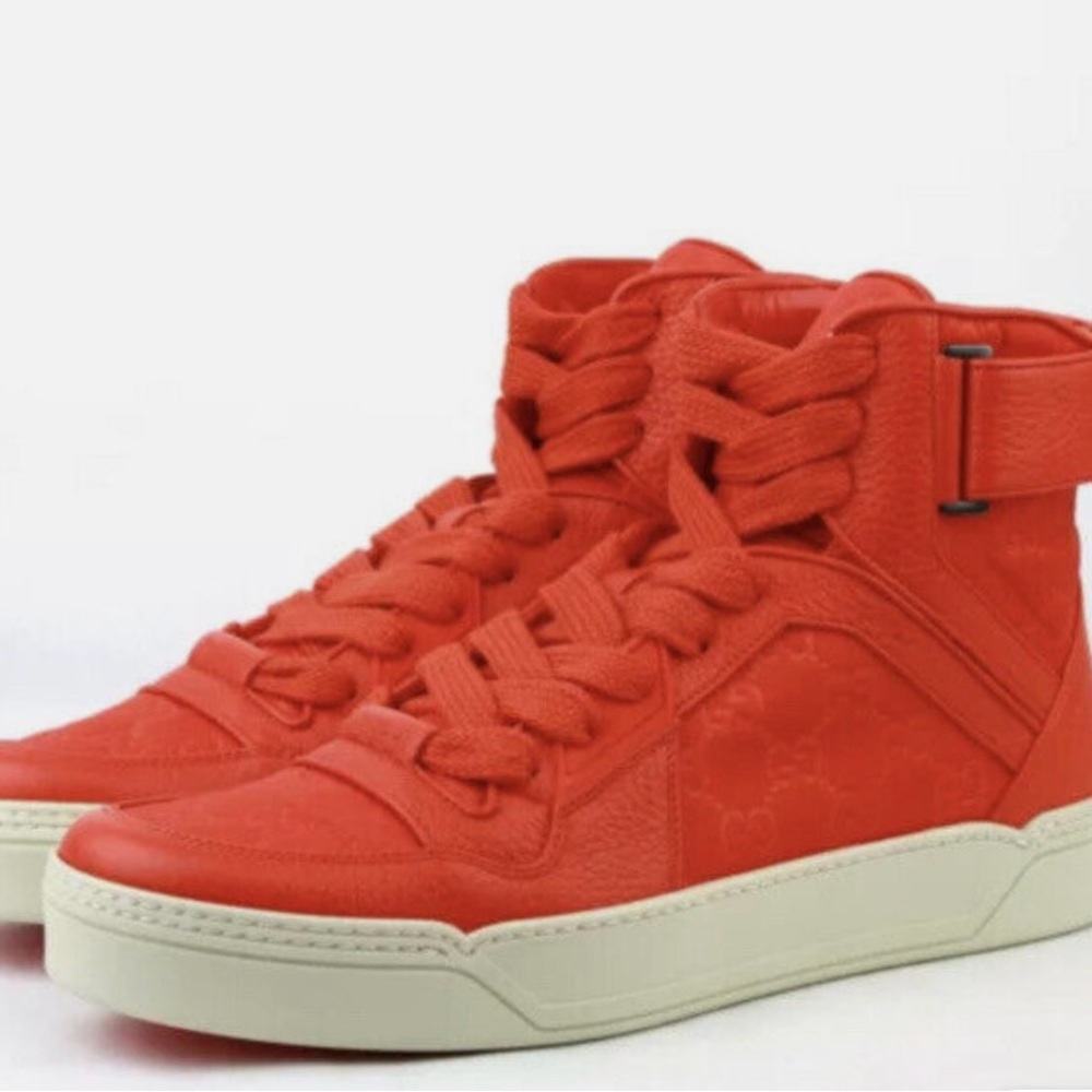 Gucci Red Men's Red High-Top Sneakers, Guccissima Nylon Fabric Leather Trim